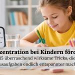 Kind arbeitet konzentriert an Hausaufgaben mit Time Timer, bunten Stiften und einem Glas Wasser