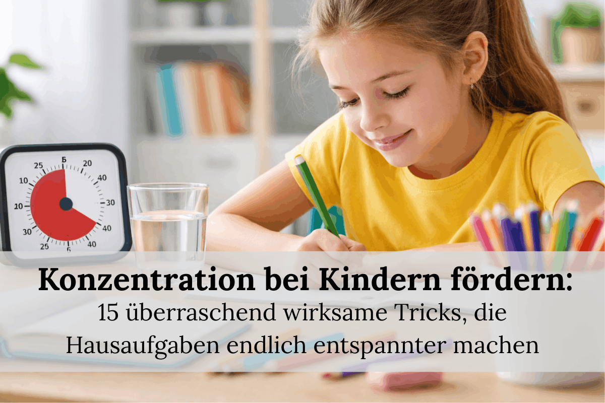 Kind arbeitet konzentriert an Hausaufgaben mit Time Timer, bunten Stiften und einem Glas Wasser
