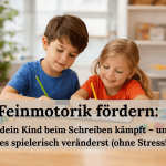Zwei Kinder sitzen am Tisch und fördern spielerisch ihre Feinmotorik beim Schreiben und Spielen mit Perlen
