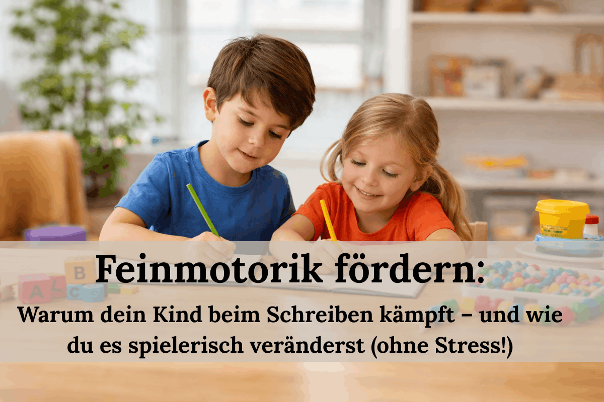 Zwei Kinder sitzen am Tisch und fördern spielerisch ihre Feinmotorik beim Schreiben und Spielen mit Perlen