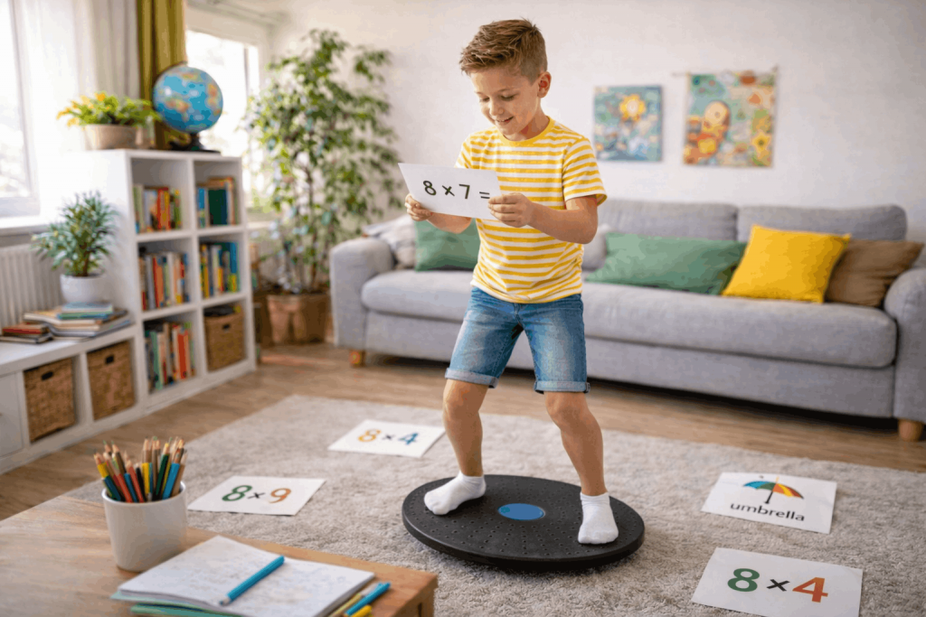 Kind lernt auf Balanceboard bei Hausaufgaben – bewegtes Lernen Grundschule