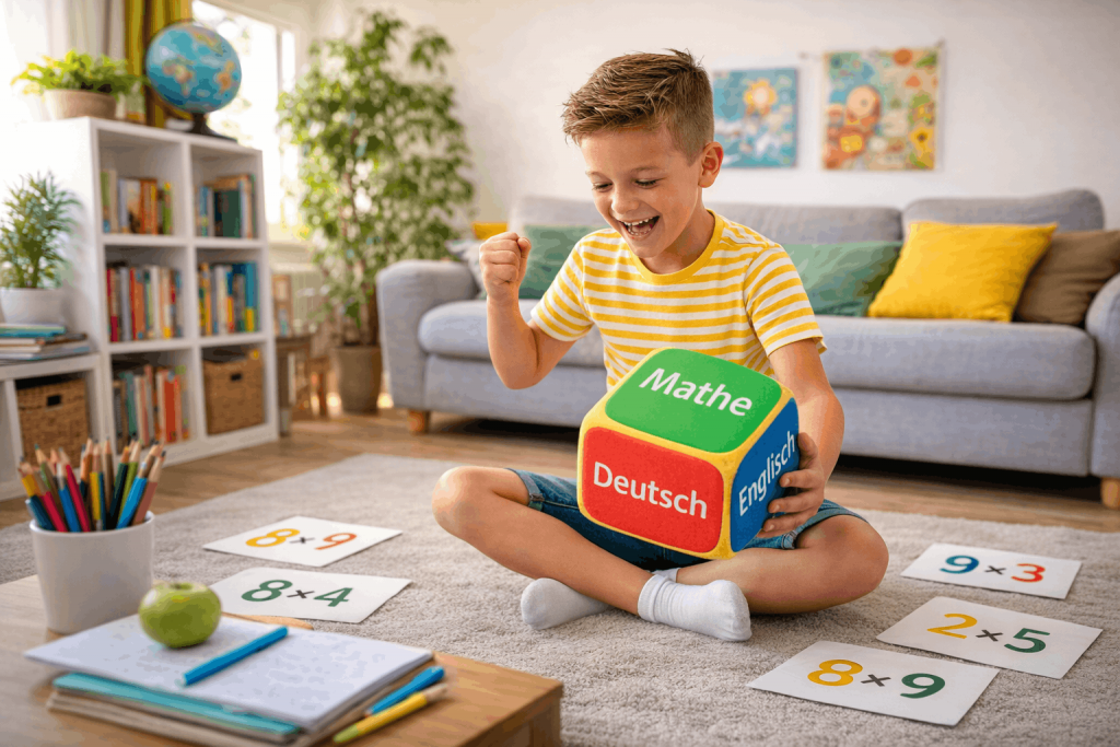 Kind lernt spielerisch mit Bewegung und Lernkarten zu Hause – bewegtes Lernen Grundschule