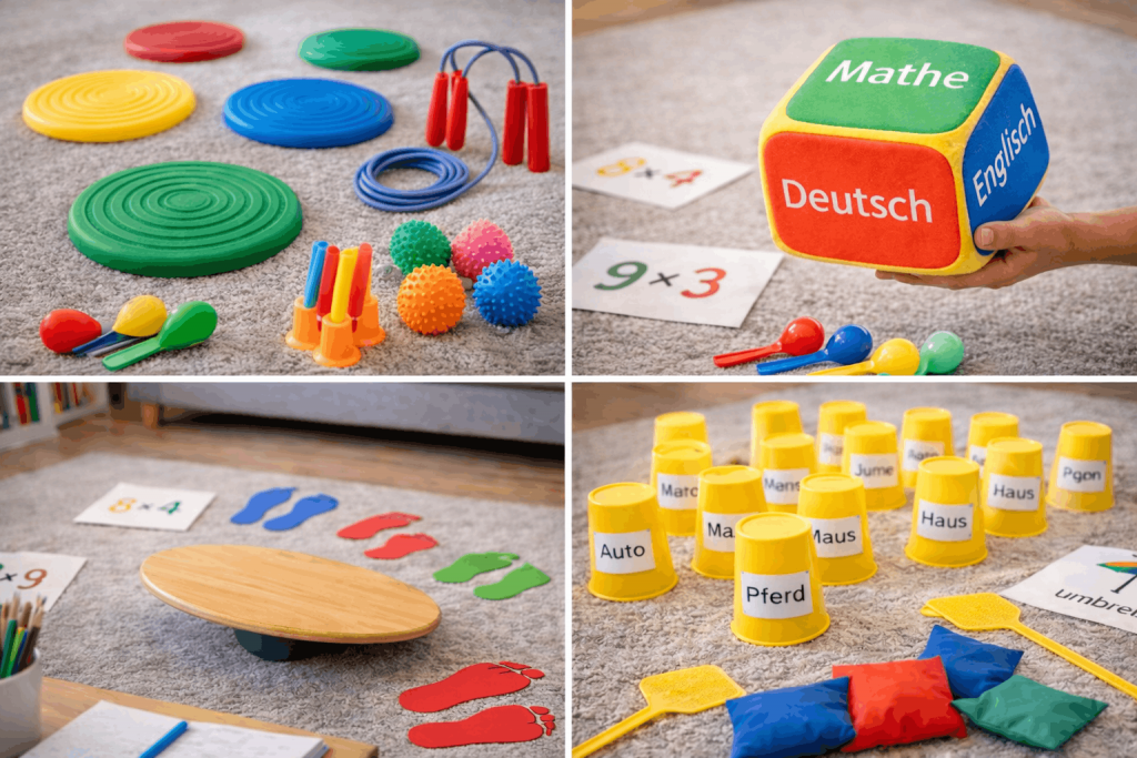 Hilfsmittel für bewegtes Lernen Grundschule – Balanceboard, Lernwürfel, Bewegungsscheiben und Springseil für aktive Hausaufgaben