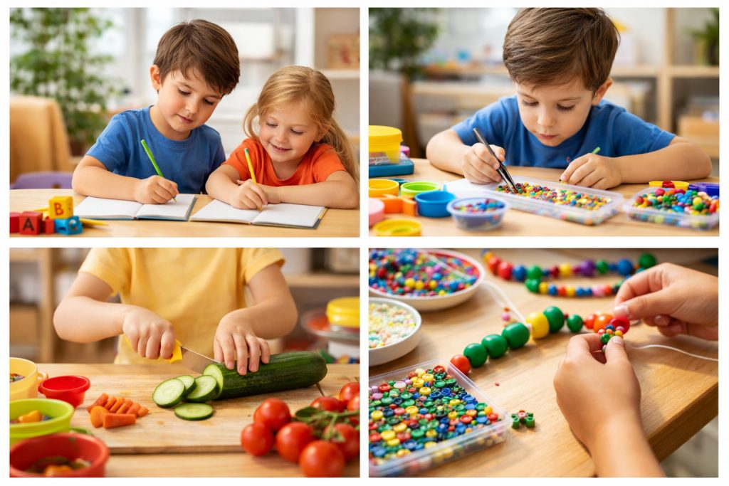 Feinmotorik im Alltag fördern beim Gemüse schneiden, Schreiben und Perlen fädeln Kinder trainieren spielerisch ihre Feinmotorik beim Schreiben, Gemüse schneiden, Perlen auffädeln und Sortieren mit Pinzette