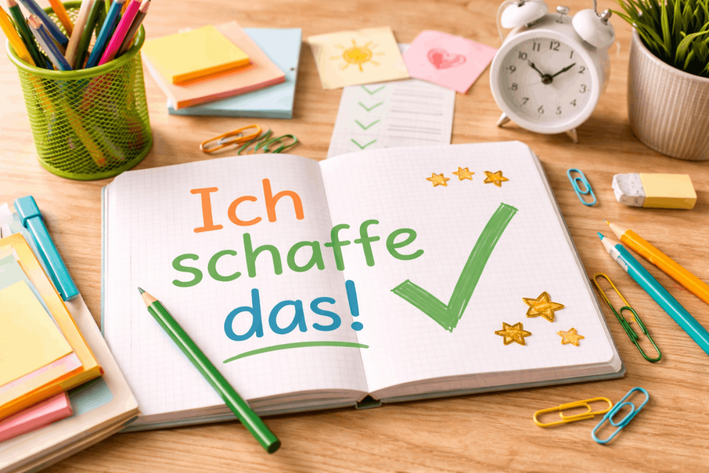 Heft mit positivem Satz Ich schaffe das und Lernmaterialien als Symbol für Lernmotivation