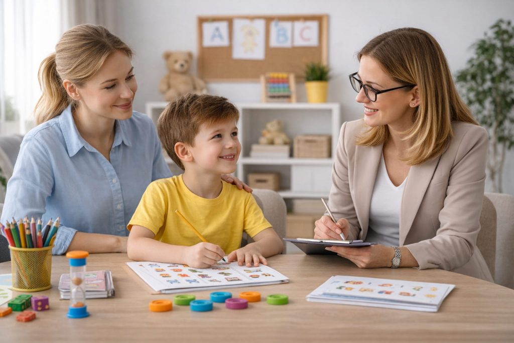 LRS Diagnose mit Unterstützung der Eltern Kind sitzt mit seiner Mutter bei einer Kinderpsychologin und bearbeitet spielerische Aufgaben zur LRS Diagnostik