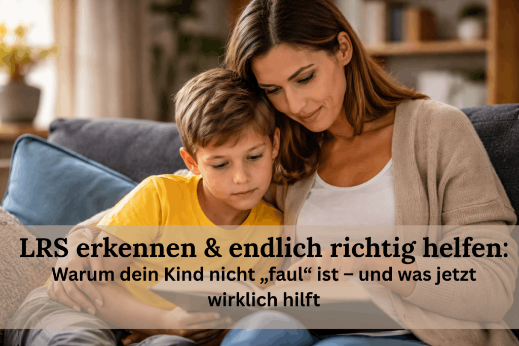 Mutter sitzt mit ihrem Sohn auf dem Sofa und liest gemeinsam ein Buch in ruhiger, unterstützender Atmosphäre