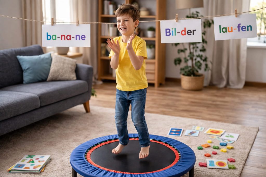 Silben klatschen mit Bewegung bei LRS Kind springt auf einem Trampolin im Wohnzimmer und klatscht Silben anhand von aufgehängten Wortkarten