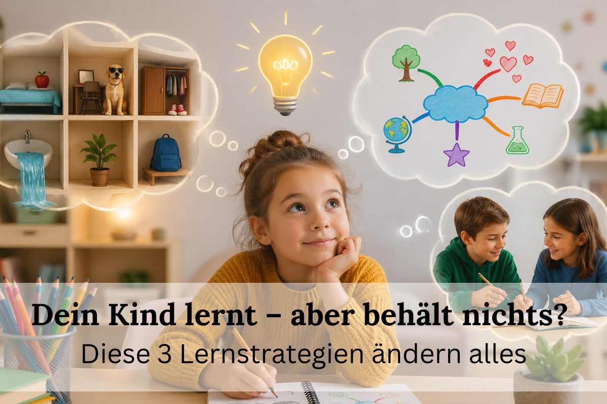 Kind sitzt konzentriert am Schreibtisch und nutzt kreative Lernstrategien wie Visualisierung und spielerisches Lernen