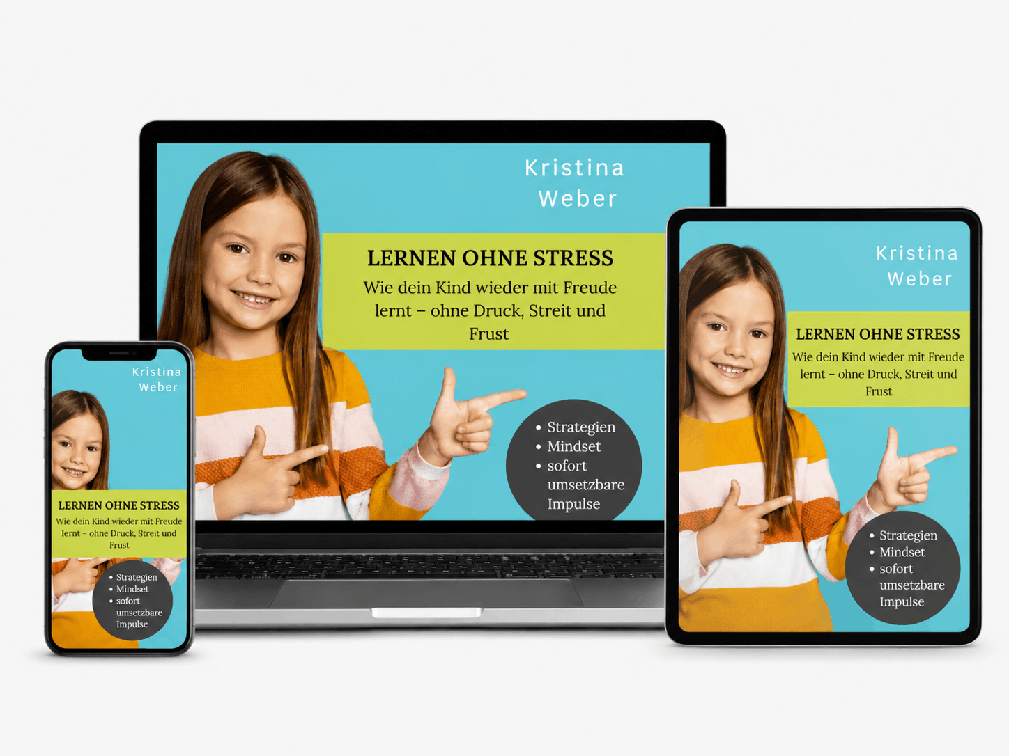 Lernen ohne Stress E-Book als Mockup auf Laptop, Tablet und Smartphone