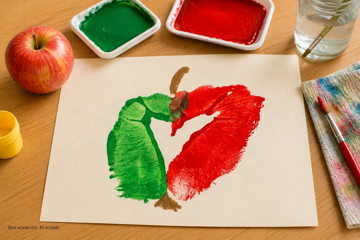 Fingerfarben-Apfel mit der Handkante drucken – Bastelidee für Kinder zur Förderung der Feinmotorik