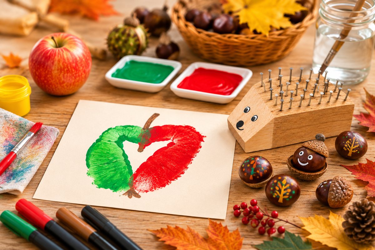 Herbstliche Bastelideen für Kinder mit Apfeldruck, Holzigel und bemalten Kastanien