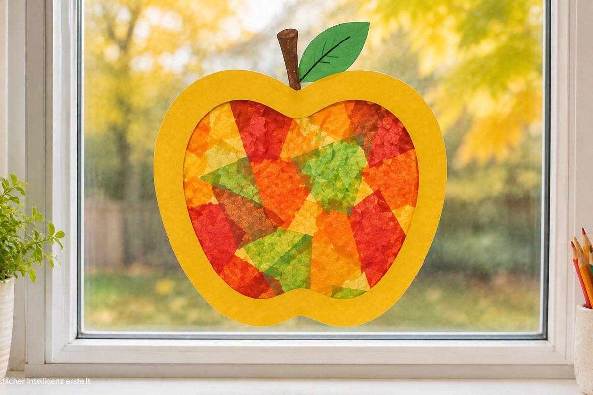 Apfel-Fensterbild aus Tonpapier und buntem Transparentpapier als einfache Bastelidee für den Herbst