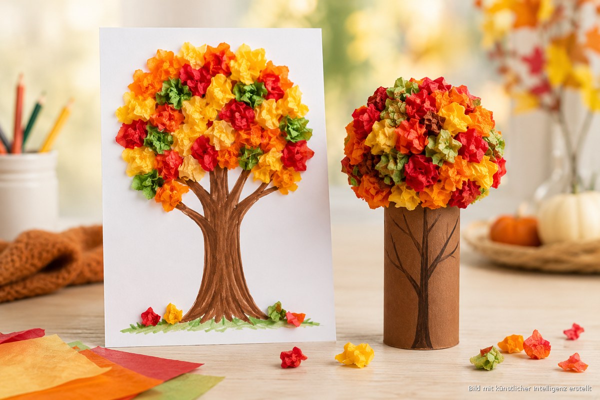 Herbstbaum mit Krepppapier-Knüddeln und Baum aus bemalter Klopapierrolle als Bastelidee für Kinder
