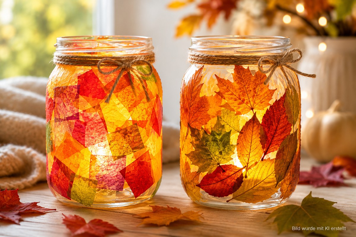 Herbstliche Windlichter mit buntem Transparentpapier und gesammelten Blättern
