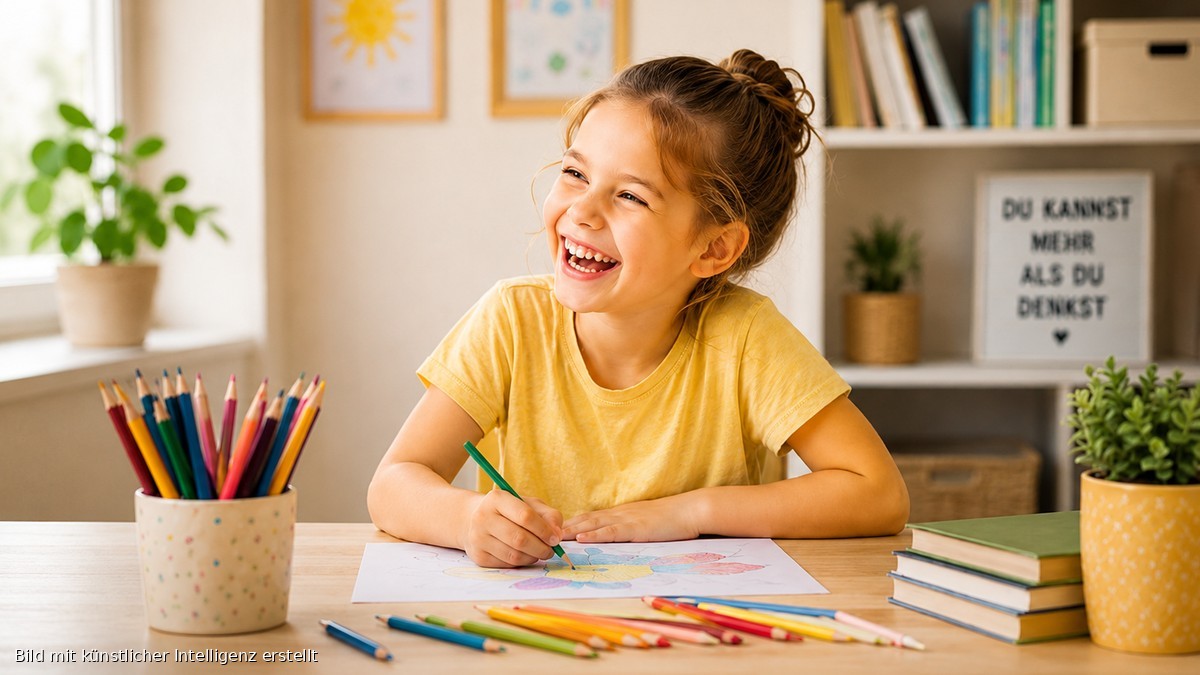 Konzentration Grundschule — Kind sitzt lachend mit Buntstiften am Tisch