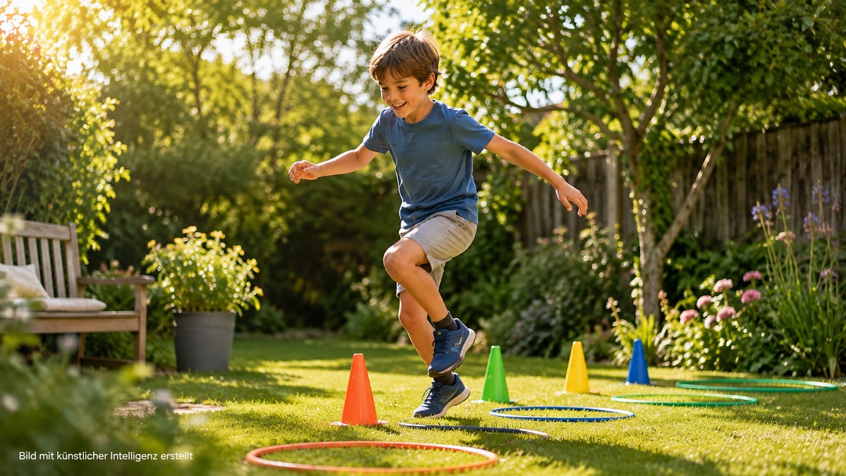 Konzentration Grundschule — Kind macht eine fröhliche Bewegungspause im Garten