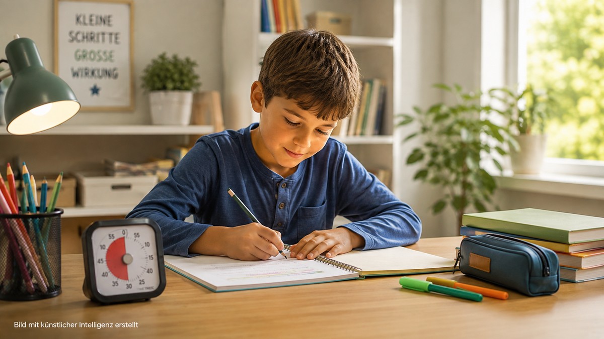 Konzentration Grundschule — Kind arbeitet konzentriert und entspannt an einer einzelnen Aufgabe