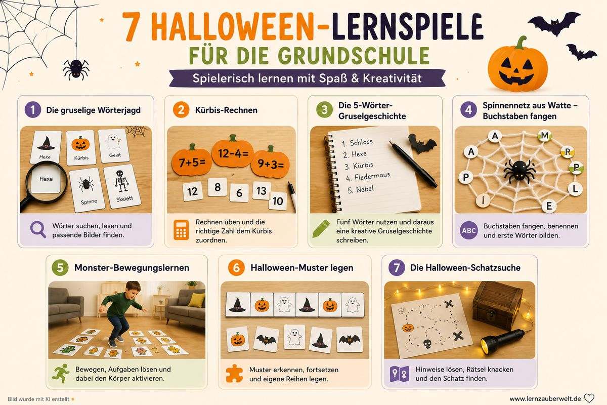 Halloween Grundschule – Übersicht mit 7 spielerischen Lernideen wie Wörterjagd, Kürbis-Rechnen und Halloween-Schatzsuche
