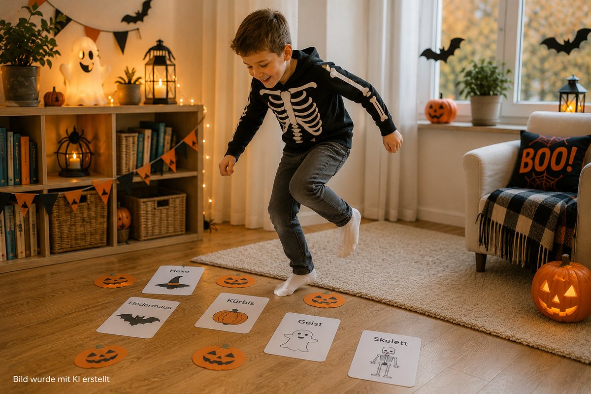 Halloween Grundschule – Junge hüpft zwischen Lernkarten beim spielerischen Bewegungslernen