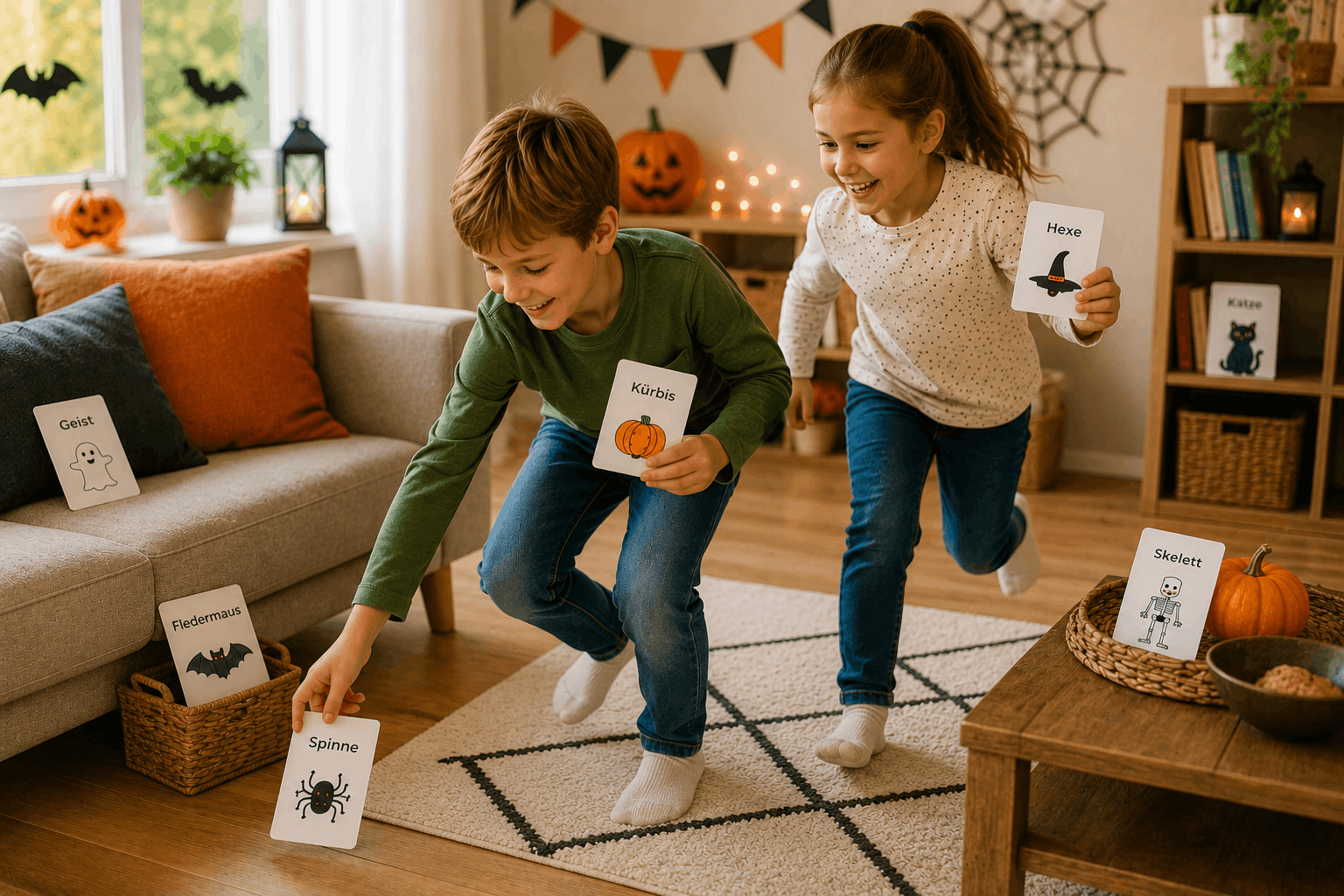 Halloween Grundschule – Kind sucht versteckte Wortkarten bei einer spielerischen Wörterjagd im Wohnzimmer