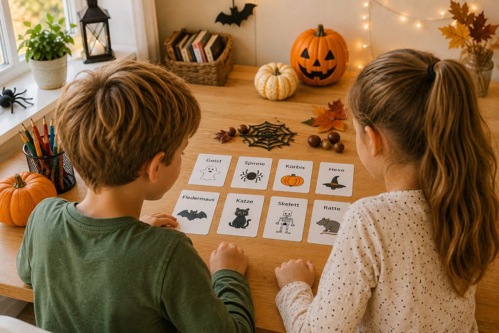 Halloween Grundschule – zwei Kinder spielen mit Halloween-Wortkarten und Kürbissen am Tisch