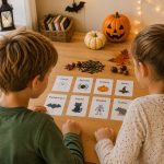 Halloween Grundschule – zwei Kinder spielen mit Halloween-Wortkarten und Kürbissen am Tisch