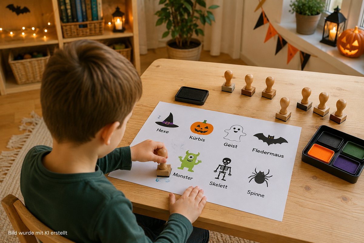 Halloween Grundschule – Junge stempelt Halloween-Motive wie Kürbis, Geist und Fledermaus auf Papier