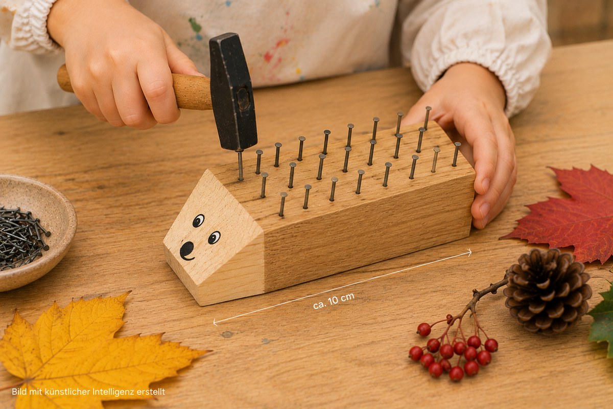 Kind hämmert Nägel als Stacheln in einen Holzigel aus Kantholz als herbstliche Bastelidee