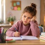 Frustriertes Grundschulkind sitzt bei den Hausaufgaben am Schreibtisch