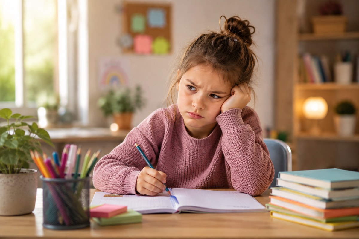 Frustriertes Grundschulkind sitzt bei den Hausaufgaben am Schreibtisch