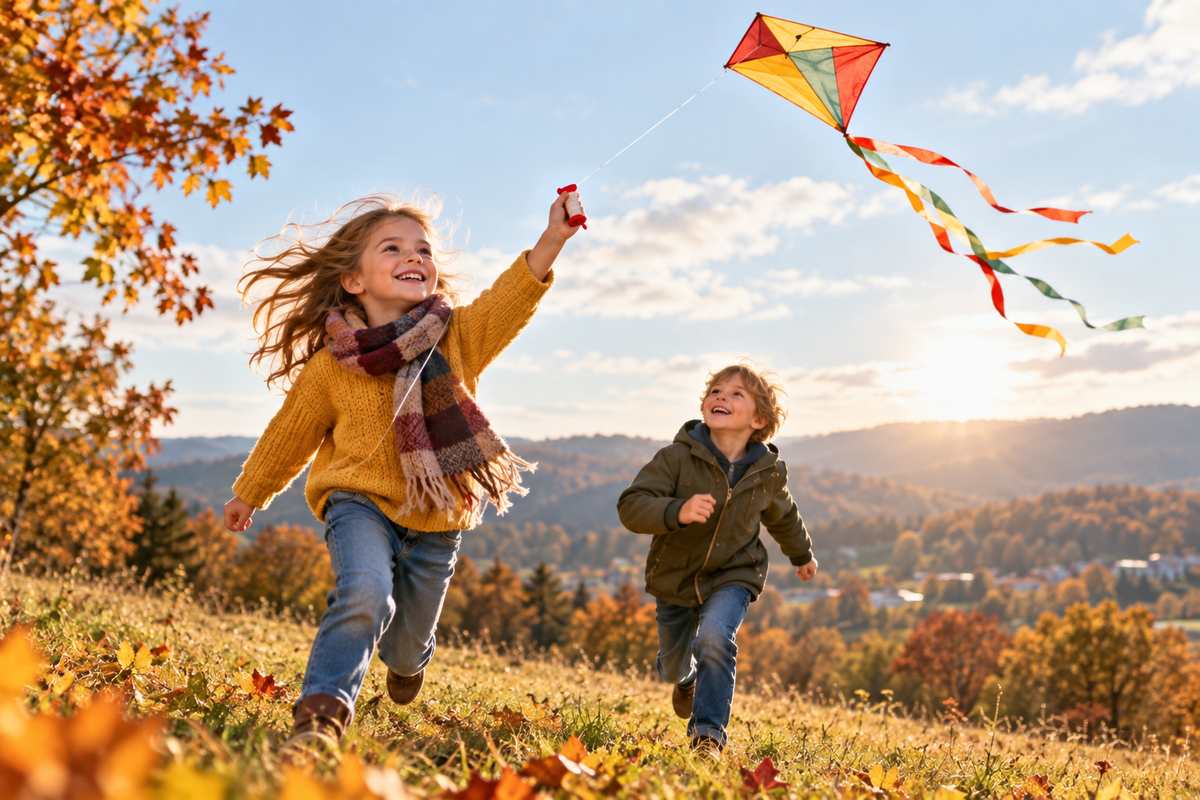 Herbstferien mit Kindern, Kinder lassen auf einer Herbstwiese einen Drachen steigen