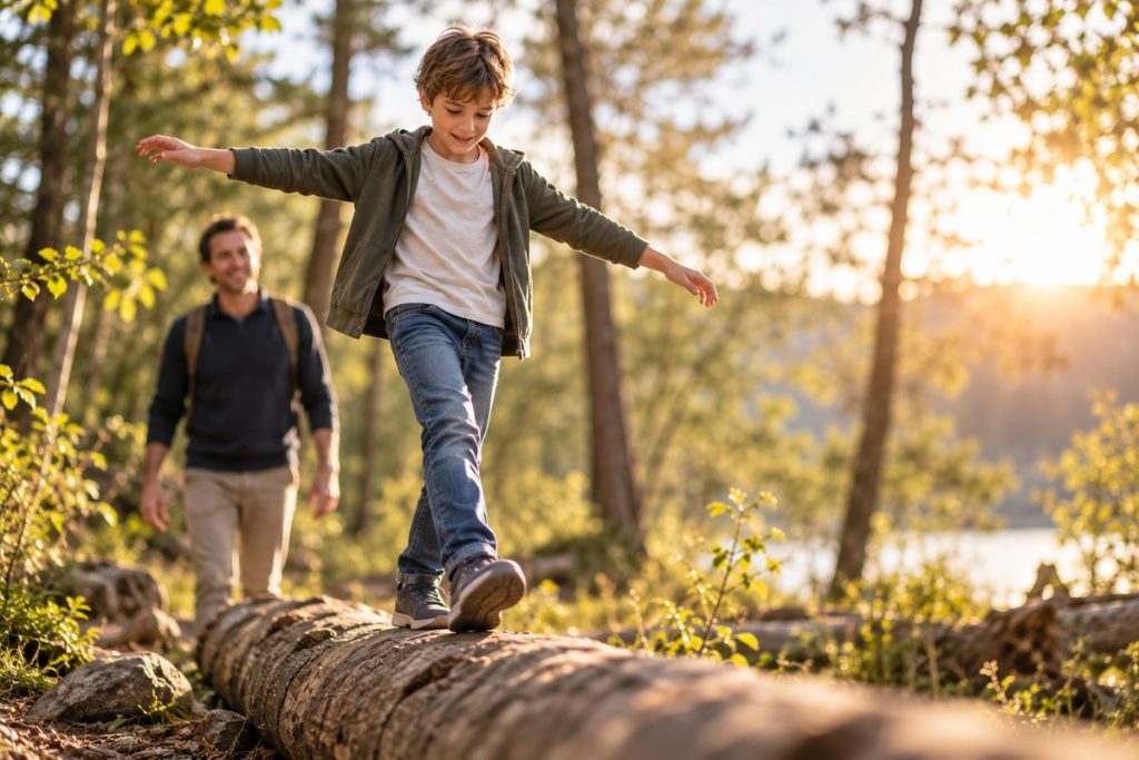 Positives Mindset bei Kindern stärken – Junge balanciert selbstbewusst auf einem Baumstamm