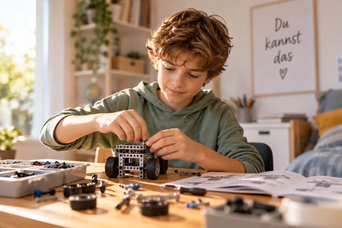 Positives Mindset bei Kindern stärken – Junge tüftelt konzentriert an einem Bauprojekt