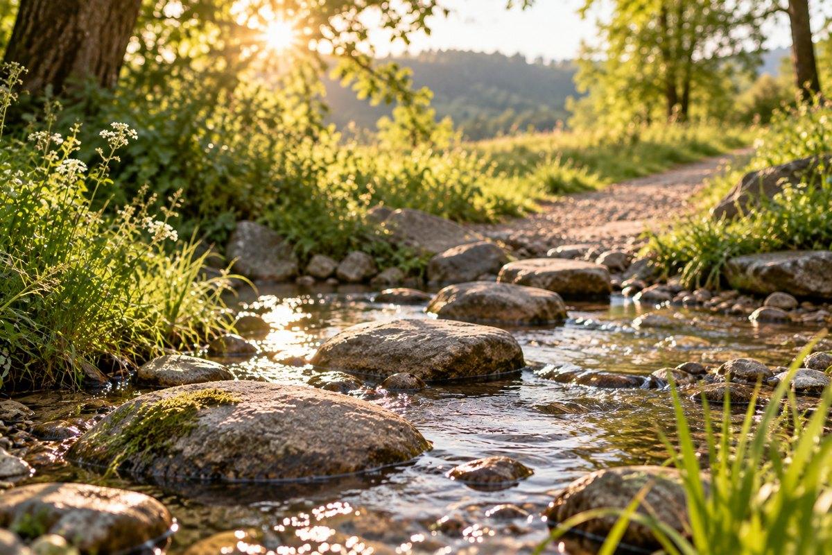 Natürliche Steine in einem Bach als Symbol für Entwicklung und kleine Schritte