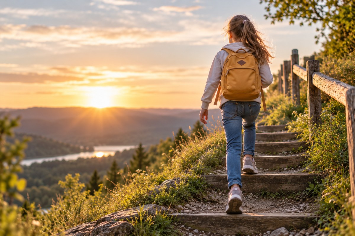 Positives Mindset bei Kindern stärken – älteres Kind geht Schritt für Schritt eine Treppe hinauf