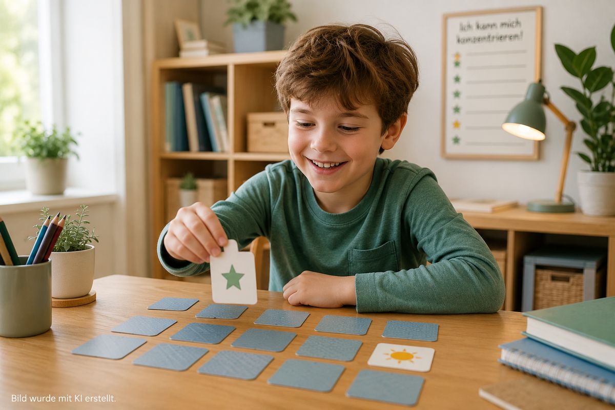 Kind spielt konzentriert eine Merkübung mit Karten am Tisch