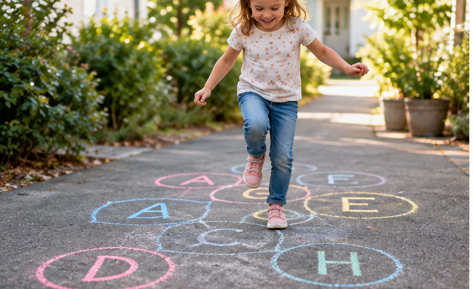 Lernspiele Grundschule, Kinder hüpfen über aufgemalte Buchstaben und lernen spielerisch mit Bewegung