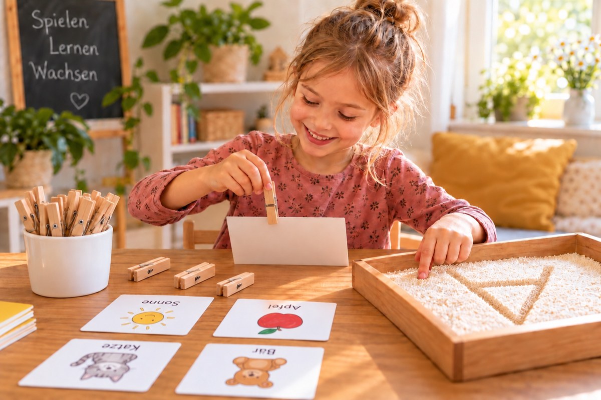Kind lernt spielerisch mit Wäscheklammern, Bildkarten und Buchstaben am Tisch