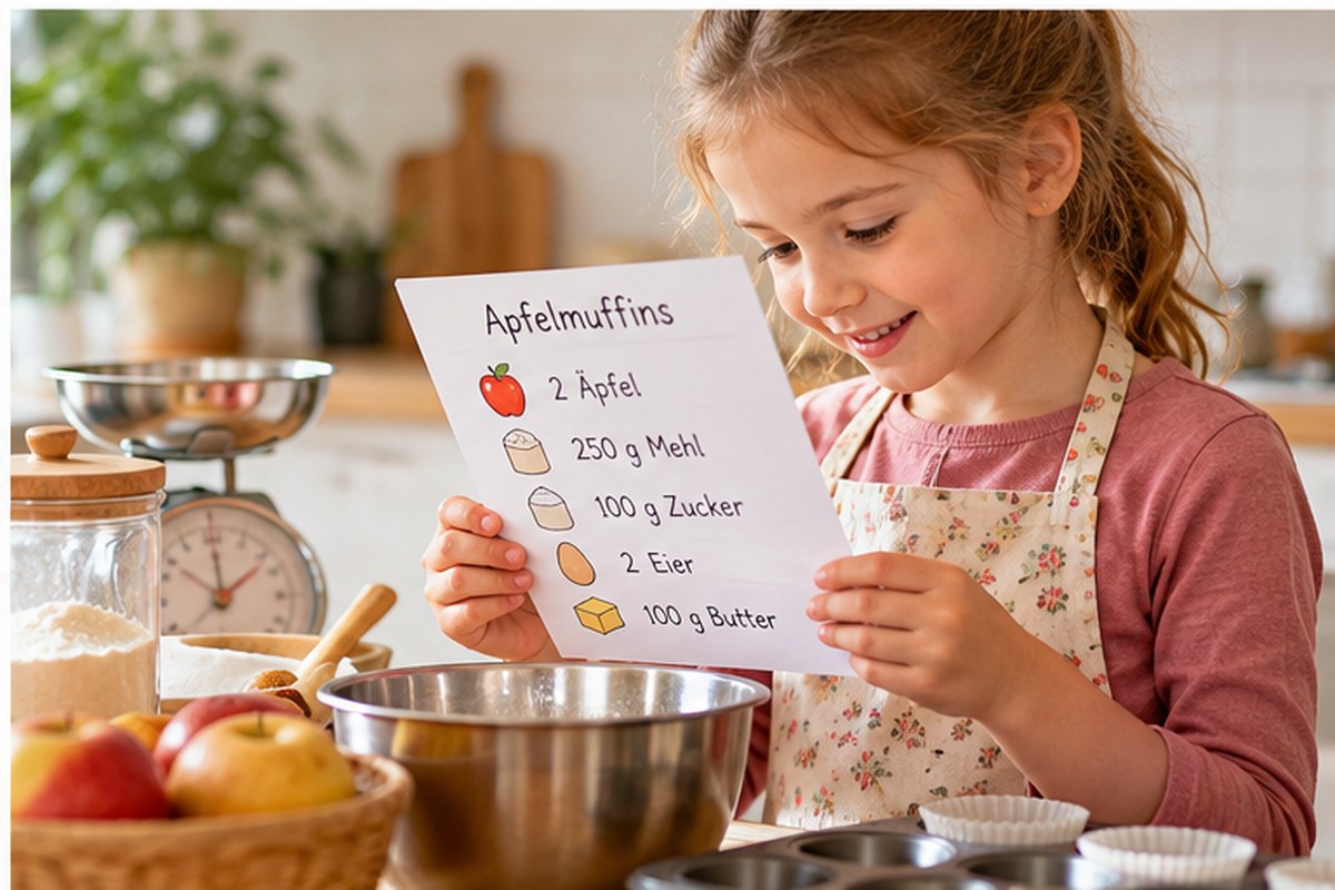 Kind liest beim Backen ein Rezept und übt Lesen, Mengen und selbstständiges Arbeiten
