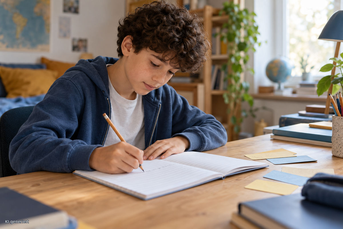 Schüler schreibt mit einer Vokabel einen eigenen Satz ins Heft