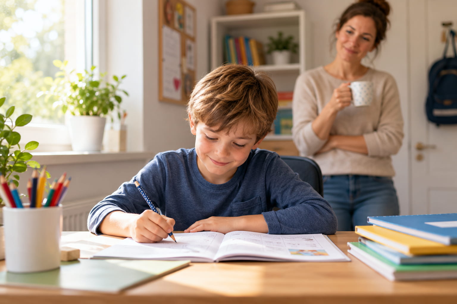 Schulkind sitzt am Schreibtisch vor einer überschaubaren Aufgabe, während die Mutter mit etwas Abstand im Hintergrund bleibt