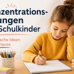 Konzentrationsübungen für Schulkinder: 15 einfache Ideen für zu Hause Mädchen schreibt konzentriert am Schreibtisch, Beitragsbild zu Konzentrationsübungen für Schulkinder mit 15 einfachen Ideen für zu Hause