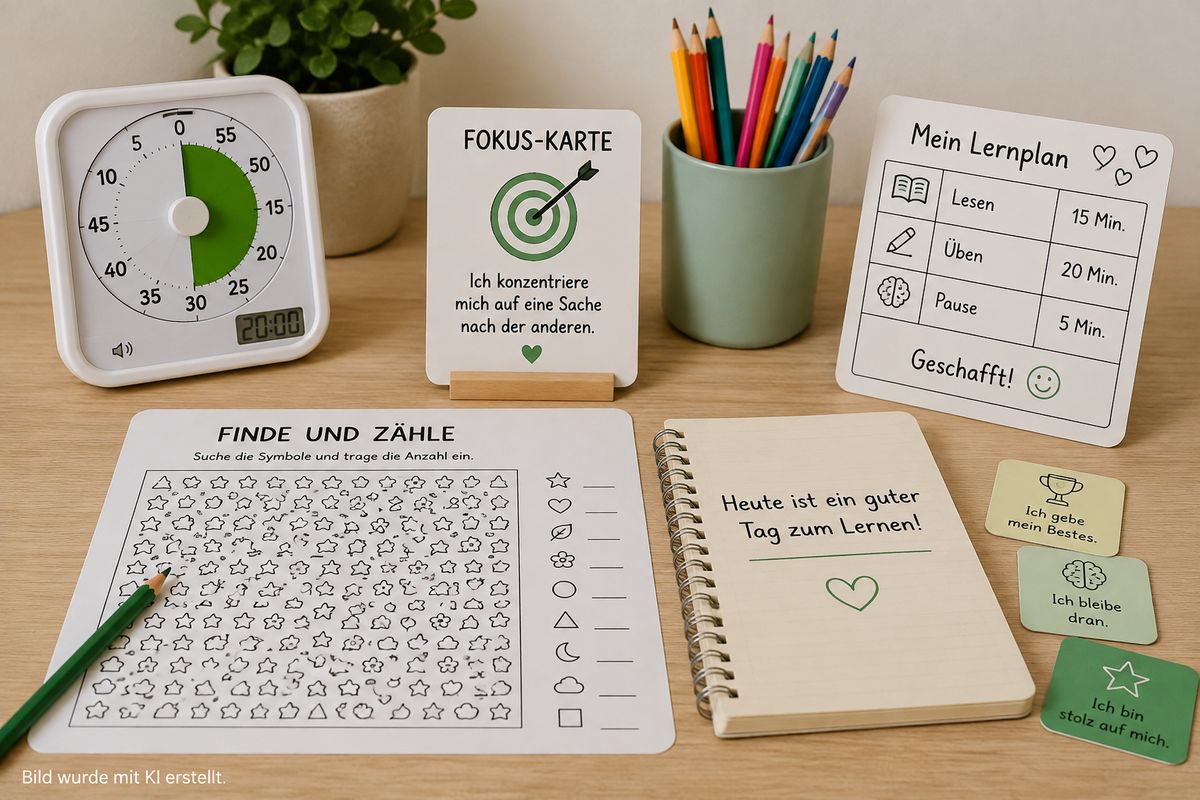 Konzentrationsübungen für Schulkinder mit Fokus-Karte, Timer, Lernplan und Suchaufgabe auf einem Schreibtisch
