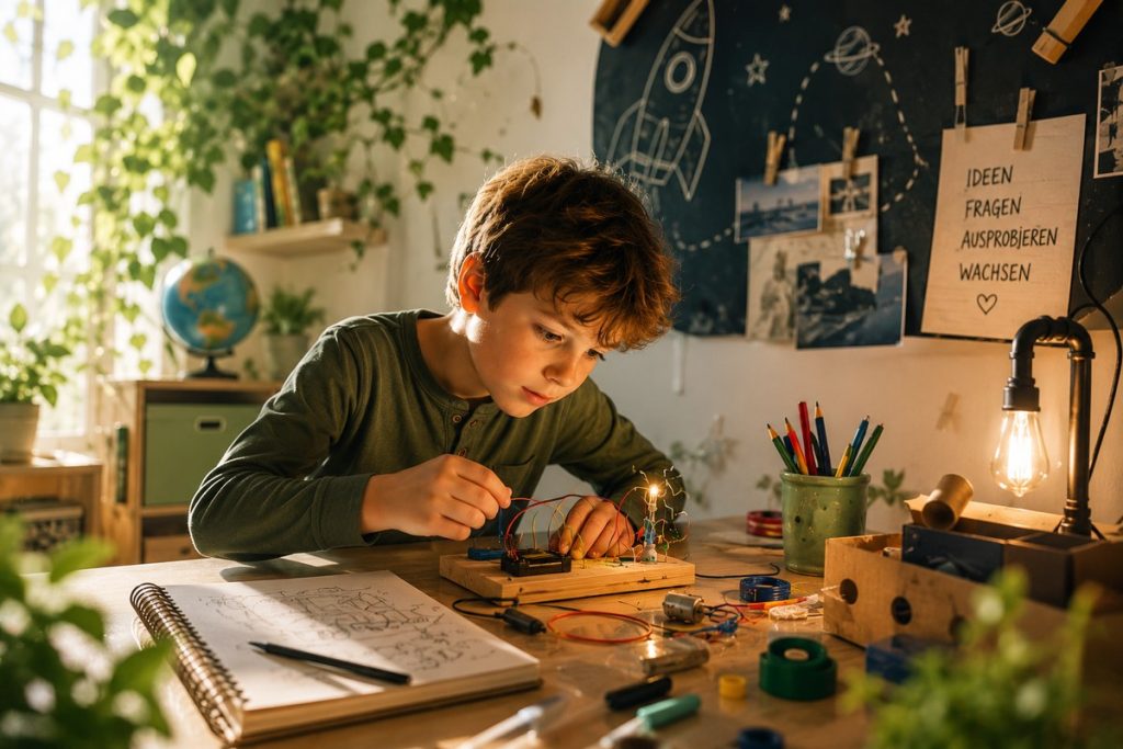 Lernfreude fördern – Schulkind experimentiert neugierig und konzentriert