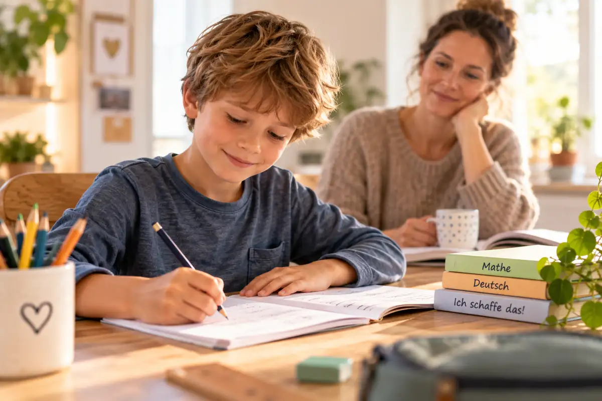 Lernmotivation: Grundschulkind arbeitet selbstständig, während ein Elternteil im Hintergrund unterstützend begleitet