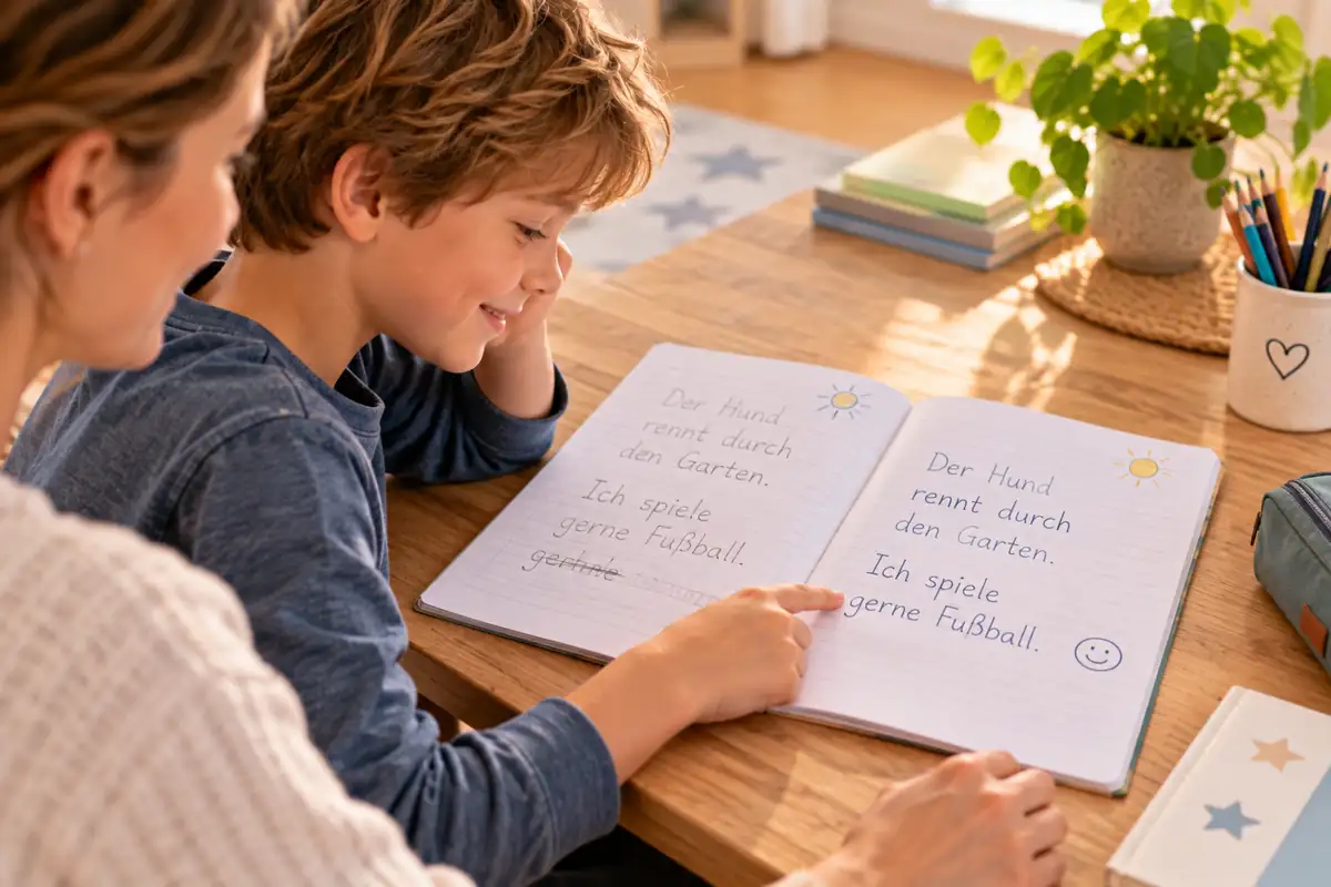 Lernmotivation: Grundschulkind vergleicht ältere und neuere Schulaufgaben und erkennt den eigenen Fortschritt