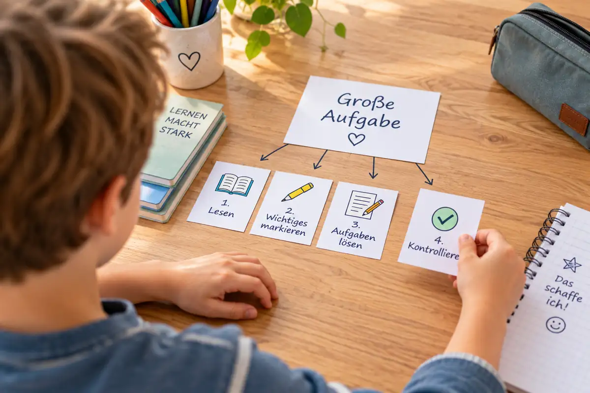 Lernmotivation: Grundschulkind teilt eine große Aufgabe in mehrere kleine Lernschritte auf