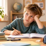 Lernmotivation: Warum dein Kind beim Lernen schnell aufgibt und was wirklich hilft Lernmotivation: Grundschulkind sitzt frustriert vor seinen Hausaufgaben und gibt beim Lernen schnell auf