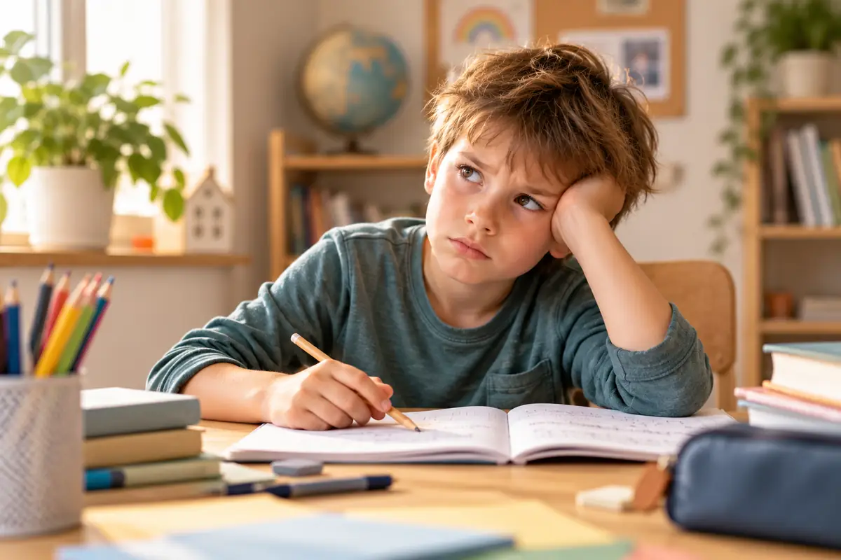 Lernmotivation: Grundschulkind sitzt frustriert vor seinen Hausaufgaben und gibt beim Lernen schnell auf